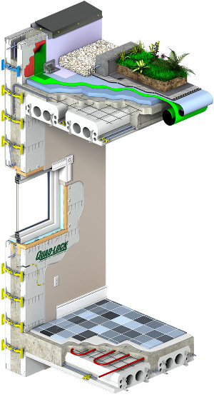 Quad-Lock ICF system with integrated floors and walls for Energy Efficient, LEED, Net-Zero, Passive House or Energy Star buildings
